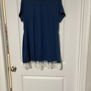 Chic Blue Lace Trim Women's Dress with pockets